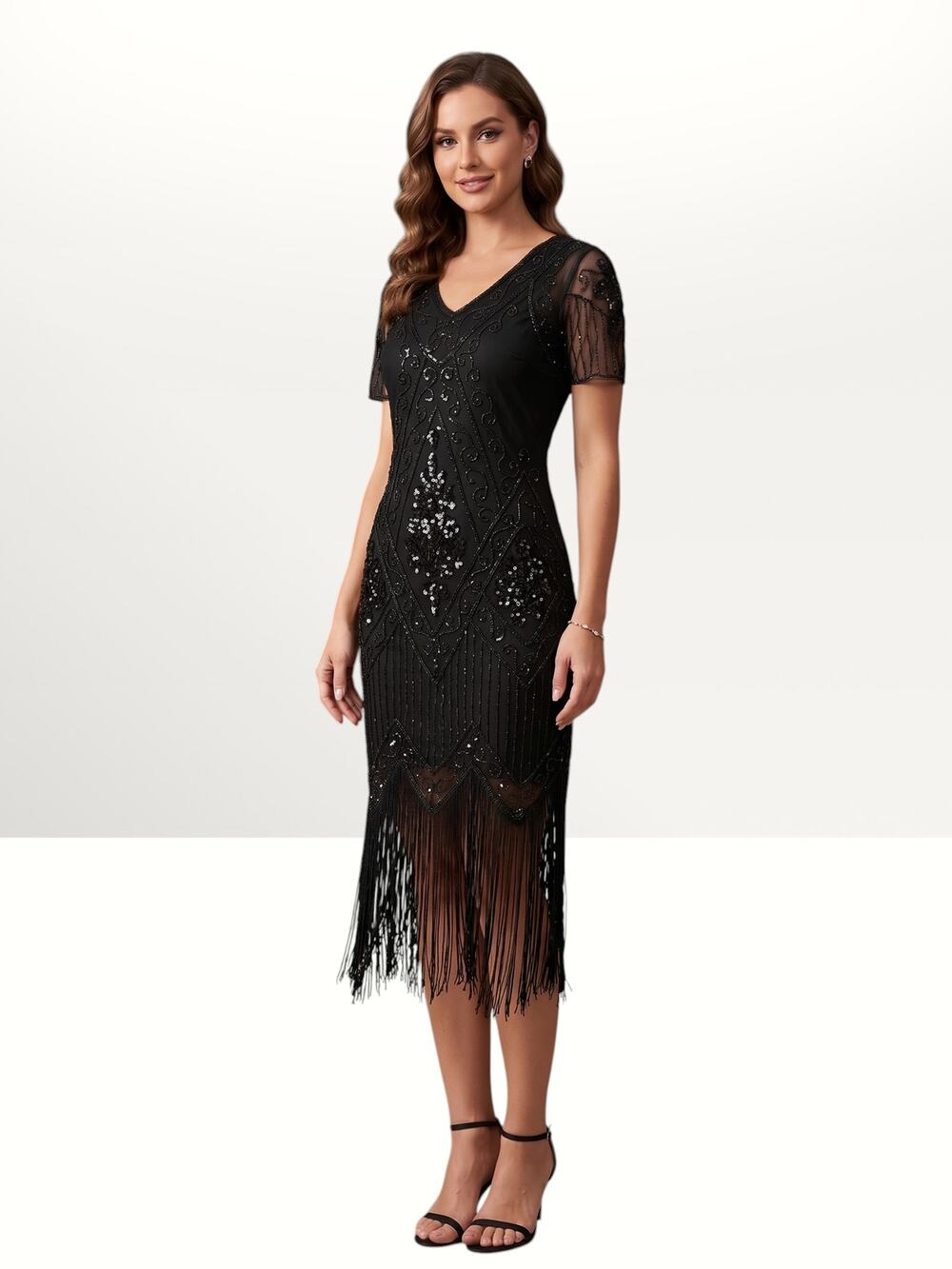 Babeyond Flapper Dress Womens L Black Beaded Sequin 1920s Great Gatsby Fringe